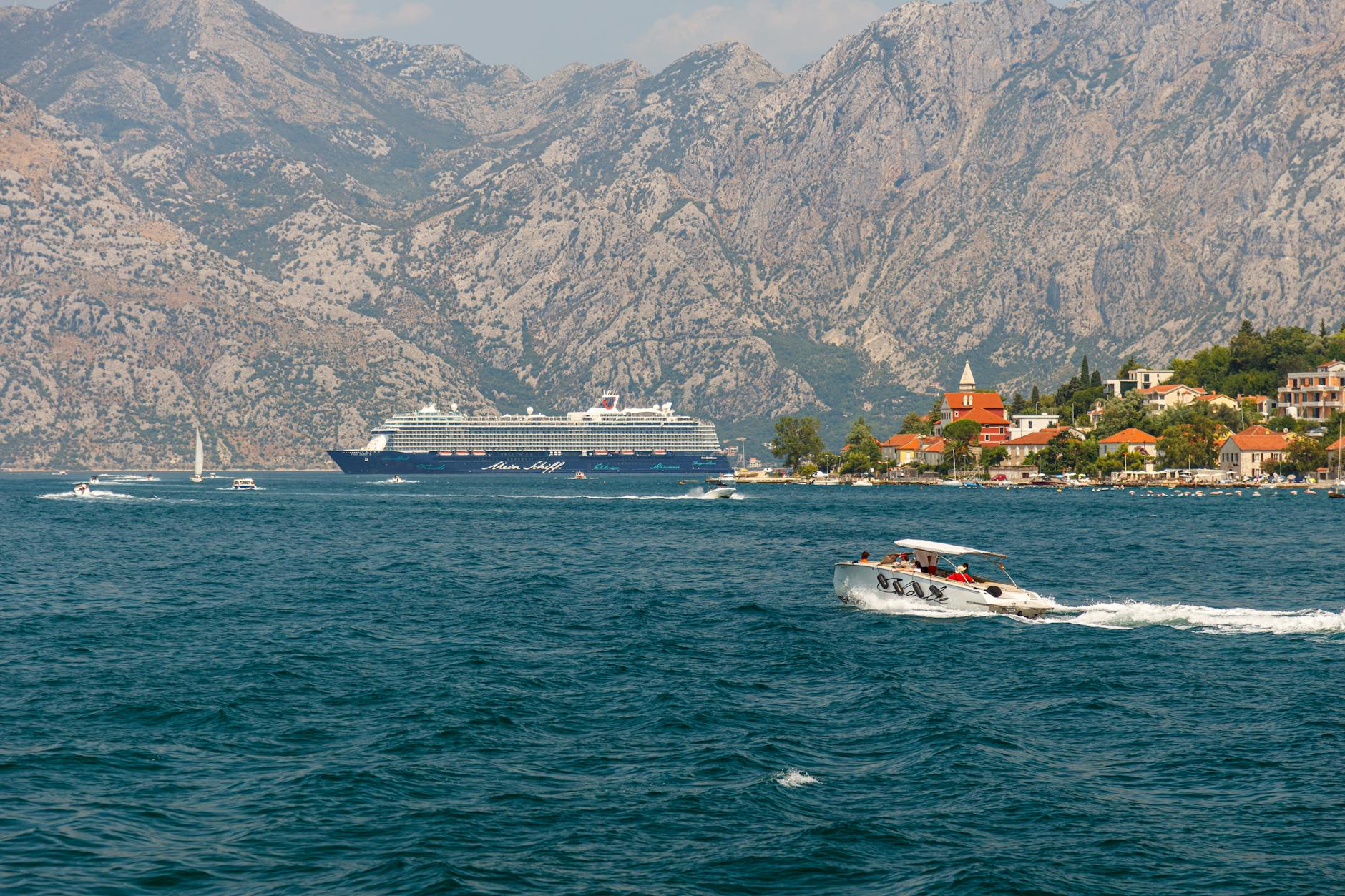 scenic view of cruise and boats in montenegro bay
